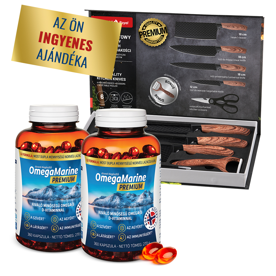 Natural Pharmaceuticals OmegaMarine™ Premium Két csomag OmegaMarine™ Premium étrend-kiegészítő omega-3 kapszulával és D-vitaminnal, mellette egy elegáns, kristályokkal díszített arany rózsaszín Leo Bernard márkaóra. A jobb felső sarokban a felirat olvasható: 